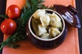 Hot dumplings in ceramic bowl close up