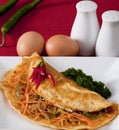 Hot egg omelet with noodles, carrot, and leek pieces on a white plate eggs, green chilly and spicy jars