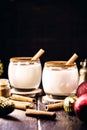 Hot eggnog typical of Christmas, made at home all over the world, based on eggs and alcohol. called eggnog, Auld Man`s milk, milk