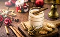 Hot eggnog typical of Christmas, made at home all over the world, based on eggs and alcohol. called eggnog, Auld Man`s milk, milk Royalty Free Stock Photo