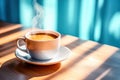 Hot espresso coffee in white cup on sunny morning table Royalty Free Stock Photo