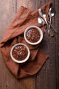 Hot festive French dessert. Chocolate pudding in Ceramic Bakeware. top view