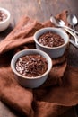 Hot festive French dessert. Chocolate pudding in Ceramic Bakeware. top view