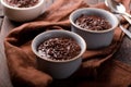 Hot festive French dessert. Chocolate pudding in Ceramic Bakeware. top view