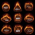 Hot fire sale, price, deal, offer labels, tag, badge set