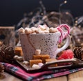 Hot flavored cocoa with marshmallows and caramel. Delicious Christmas drink in cold winter. Free space for text