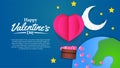 Hot flying balloon heart shape at the space with moon and earth paper cut style for valentine`s day greeting card template