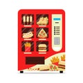 Hot food automatic vending machine with sausage dough sandwich pizza french fries hamburger isolated on white. Red Royalty Free Stock Photo