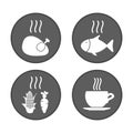 Hot food icons. Grill chicken, fish and vegetables. Hot coffee Royalty Free Stock Photo