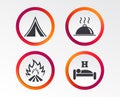 Hot food, sleep, camping tent and fire signs.