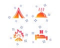 Hot food, sleep, camping tent and fire signs. Vector