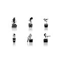 Hot food steam drop shadow black glyph icons set. Fastfood good smell. Prepared snack smoke. Aromatic french fries