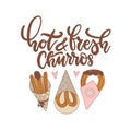 Hot and fresh churros. Hand drawn lettering with churros sticks in vintage different paper bags. Contour hand drawn