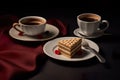 hot fresh espresso or americano coffee with biscuit cake with cream and chocolate, generative AI