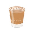 Hot fresh latte or cortado in transparent glass. Cup of brown arabic coffee with foam cappuccino art on top. Colored Royalty Free Stock Photo