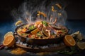 Hot fresh paella, national spanish dish in frying pan, levitating vegetables ingredients.