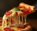 Hot Fresh Pizza Slice with Stretching Mozzarella Cheese Royalty Free Stock Photo