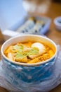 Korean spicy ramen with rice cakes and eggs Royalty Free Stock Photo