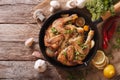 Hot Fried Chicken tobacco with herbs and garlic in a pan. horizontal top view Royalty Free Stock Photo