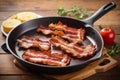 Hot fried crispy bacon slices in skillet on wooden background