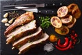 hot fried ribs with baked potatoes and spices close-up. horizontal top view Royalty Free Stock Photo