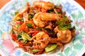 The hot fried stir spicy giant shrimp serve on dish