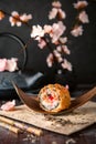 Hot fried Sushi Roll with salmon, eel, calf caviar and cheese. Sushi menu. Royalty Free Stock Photo