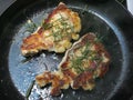 Crispy cooking lambchops in a non stick pan Royalty Free Stock Photo