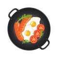 Hot frying pan with fried eggs, sausages, mushrooms, tomatoes and lettuce, top view. Isolated on white background