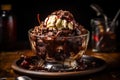 Hot fudge brownie sundae served in glass bowl with a scoop of vanilla ice cream. AI generated