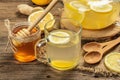 Hot ginger tea with lemon and honey in a glass cup on a wooden boards background Royalty Free Stock Photo