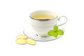 Hot Ginger tea in white cup with green mint leaves Royalty Free Stock Photo