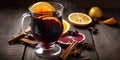 Hot gluhwein in glass, mulled wine with oranges and spices