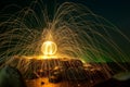 Hot Golden Sparks Flying from Man Spinning Burning Steel Wool in Royalty Free Stock Photo