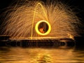 Hot Golden Sparks Flying from Man Spinning Burning Steel Wool on