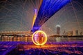 Hot Golden Sparks Flying from Man Spinning Burning Steel Wool un