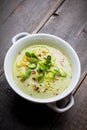 Hot green peas soup on the rustic background Royalty Free Stock Photo