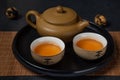 Hot green tea in clay Chinese cups and clay teapot. An old