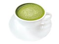 Hot green tea matcha latte cup with white saucer isolated on whi