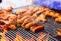 Hot grill chicken wing Thai sausage BBQ grilled Royalty Free Stock Photo