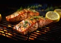 Hot grill with salmon fillets with herbs and lemon.Macro.AI Generative