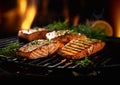 Hot grill with salmon fillets with herbs.Macro.AI Generative