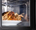 Hot grilled chicken in the microwave in a plate. Heating food in the microwave oven, convection and grill. Modern