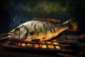 Hot grilled dorado fish on grill grate. Whole Bbq sea bream fish - Generative AI Royalty Free Stock Photo