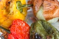 Hot Grilled Seasoned Vegetables Red Yellow Green Capsicums Onions in Tint Foil. Healthy Street Food Urban Culture. City Life Trave Royalty Free Stock Photo