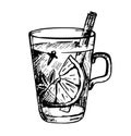 Hot grog cocktail. Hand-drawn sketch style Christmas winter or autumn warm drink in a coupe glass garnished with cloves