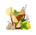 Hot healing herbal black tea with lemon orange mint thyme and cane sugar. Vector illustration