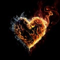 Hot heart symbol made of flamed fire isolated on black background.