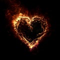 Hot heart symbol made of flamed fire isolated on black background.