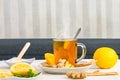 Hot hebal tea on table top with other ingredients Royalty Free Stock Photo